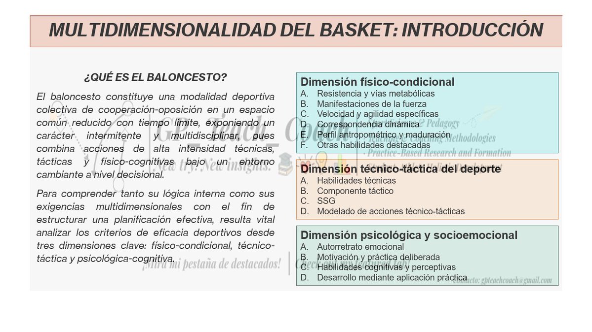 GP_Teach_Coach's tweet photo. Tendemos a dividir el baloncesto en técnica, táctica, físico y psicología.

El juego nunca lo hace.

📘 COACH'S NOTEBOOK #1 | Multidimensionalidad del Baloncesto

💬 Comenta "MULTI" +❤️para recibirlo por DM.

🔁 Repost = Excel de planificación multidimensional🎁

El objetivo de este Notebook no es ofrecer una colección de ejercicios.

Pretende reunir algunas ideas, principios y evidencias que me han ayudado a entender mejor el juego y trasladarlas a la práctica diaria del entrenador.

En 16 páginas encontrarás una visión integrada del rendimiento: dimensiones físico-condicionales, técnico-tácticas y psicológicas, siempre acompañadas de aplicaciones prácticas para el entrenamiento.

Si alguna de estas ideas termina convirtiéndose en una mejor decisión durante un entrenamiento, el objetivo del Notebook estará cumplido.