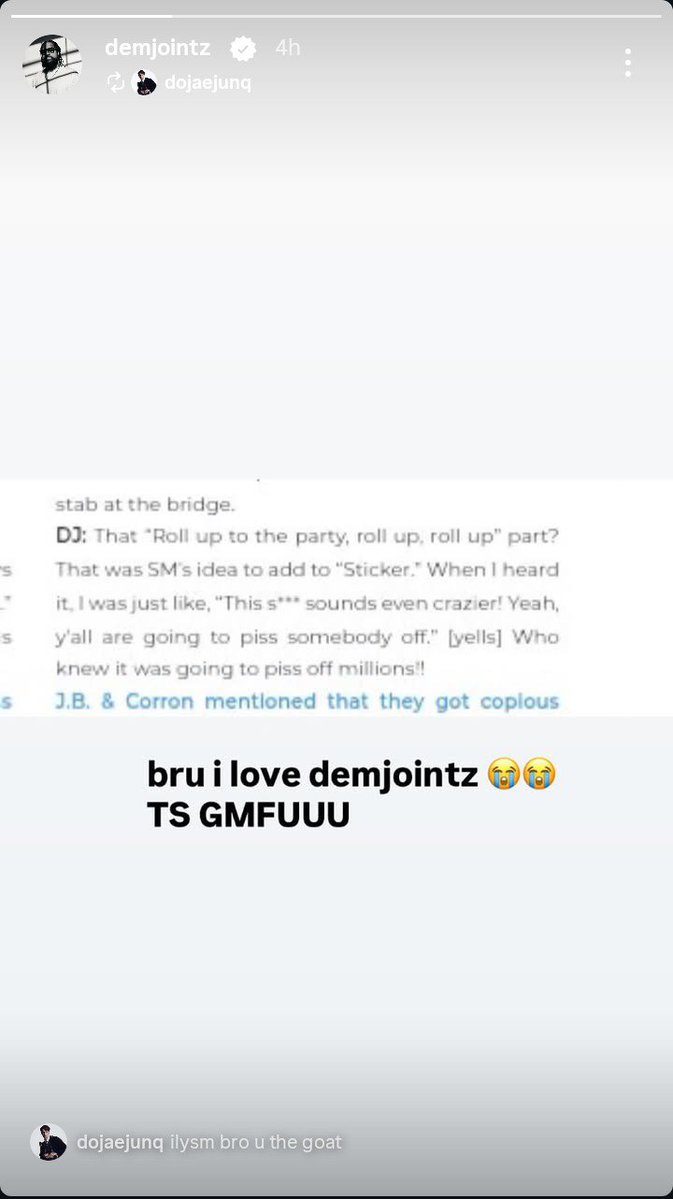yunoojnk's tweet photo. DEM JOINTZ REPOSTED A STORY ABOUT THIS ON HIS INSTAGRAM I'M CRYINGGGGG HE'S SO FUNNY MANNNN I LOVE YOU UNCLE @demjointz 😭😭😭😭🤣🤣🤣🤣🤣🤣🤣🤣 https://t.co/bDgp5TRJOq