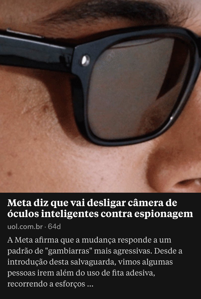anapaulaoto's tweet photo. óculos da Meta têm câmera e um LED (luz pequenininha) que pisca pra avisar quando tá gravando. tinha gente quebrando, tampando com fita, furando ou removendo esse LED pra ninguém perceber que tava filmando. resultado: gravava pessoas em lugares privados, íntimos, sem consentimento. vídeo vazava, era usado pra assédio e humilhação. Meta agora desativa a câmera se mexer no LED