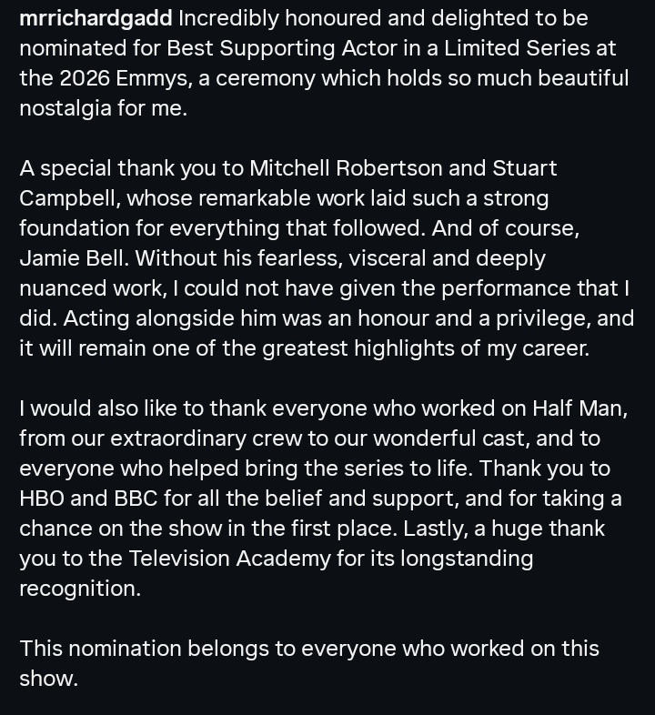 Her95x's tweet photo. richard gadd instagram post after the emmy nomination..he's the sweetest☹️ https://t.co/caVXJ0w0od