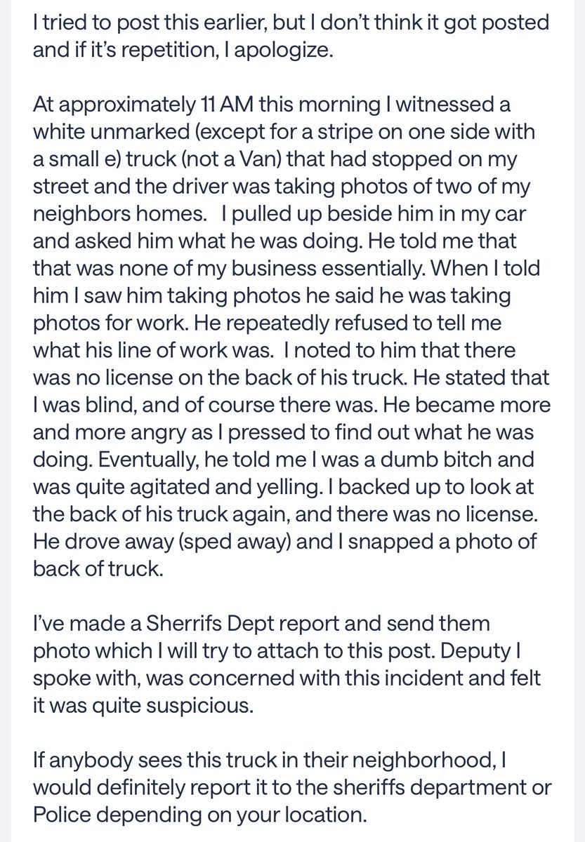GermanDaphne's tweet photo. Catalina Foothills Neighbor App| This is close to Nancy’s. Strange white box truck no tag taking pictures of a woman’s home and she caught him! He became angry with her and said he was taking pictures for a job! WTF! Remember the white box truck at Culver’s the night Luke Daley plus 3 others were raided? Could these be connected to Nancy Guthrie? #NancyGuthrie