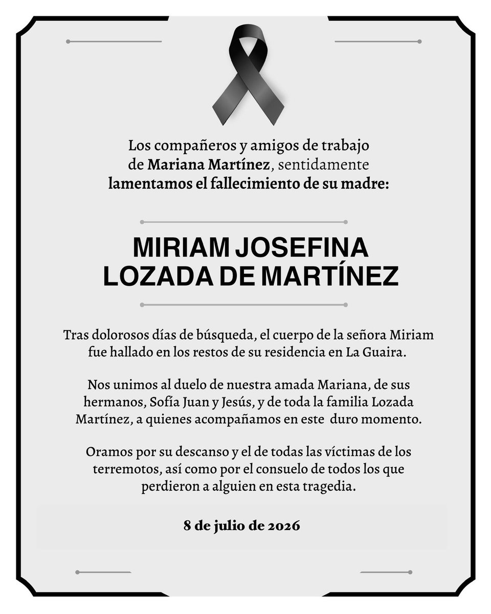 conexionsegura's tweet photo. Lamentamos el fallecimiento de la madre de nuestra amiga Mariana Martínez, la señora Miriam Josefina Lozada de Martínez.

Acompañamos a Mariana y sus hermanos en este doloroso momento. Elevamos oraciones por su descanso y el de todas la víctimas de los terremotos en Venezuela. https://t.co/ZAkRyoAgWZ