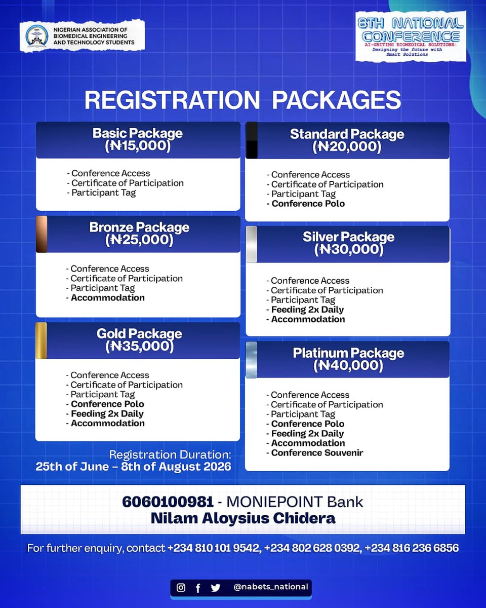 nabetsnational's tweet photo. NABETS 8th National Conference | Registration Now Open

The Nigerian Association of Biomedical Engineering and Technology Students invites you to the 8th National Conference.

Theme: Ai-Gniting Biomedical Solutions: Designing the Future with Smart Solutions https://t.co/4Qh5OYs2gp