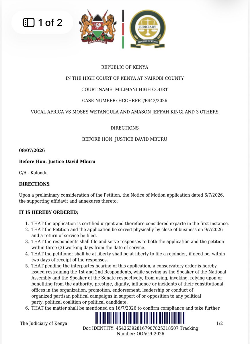 husskhalid's tweet photo. We at @VOCALAfrica_ wish to inform Kenyans that we have secured conservatory orders restraining the two speakers, @HonWetangula and @HonAmasonKingi, while serving as Speakers, from engaging in partisan political campaigns. https://t.co/2c0qHUb8l8