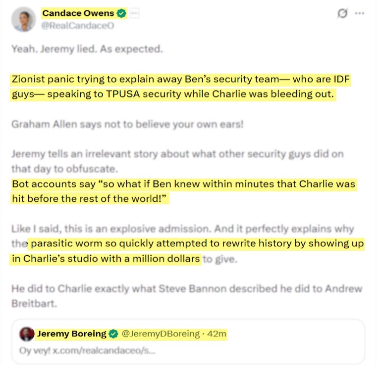bren45000's tweet photo. Candace Owens finally snapped.

At this point, it’s starting to look like mental illness.

She’s now pushing this wild narrative that Ben Shapiro is somehow responsible for Charlie Kirk’s assassination—because, according to her, Ben wants to take over TPUSA. 

That’s the entire theory.

Let me be clear: this is unhinged. Candace is sick, and it’s getting harder to watch.

Anyone still riding with her at this stage is no better than a drug dealer handing meth to their addicted junkie customers. You’re not supporting a truth-teller anymore—you’re enabling someone who’s mentally deranged.