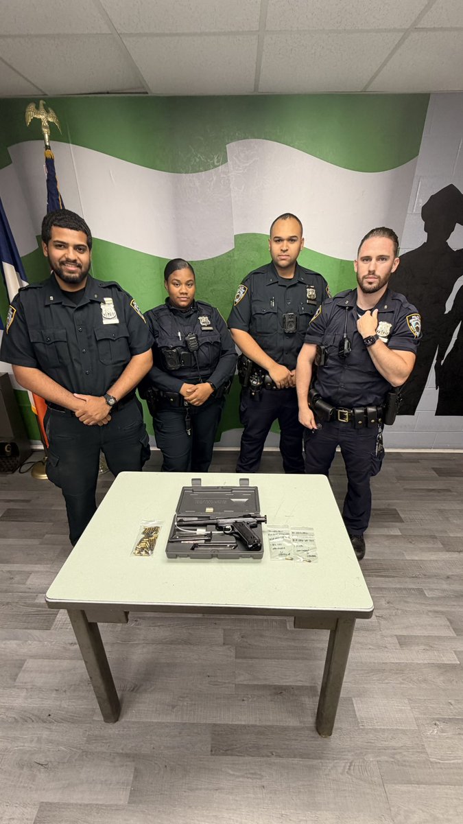 NYPD9Pct's tweet photo. While on midnight patrol in the East Village, Officers Vasquez and Reese responded to a 911 dispute call, recovered an illegal loaded firearm, and arrested one individual. Outstanding work by POs Vasquez, Reese, and all involved. #NYPD #KeepingNYCSafe https://t.co/BlEviUgysr