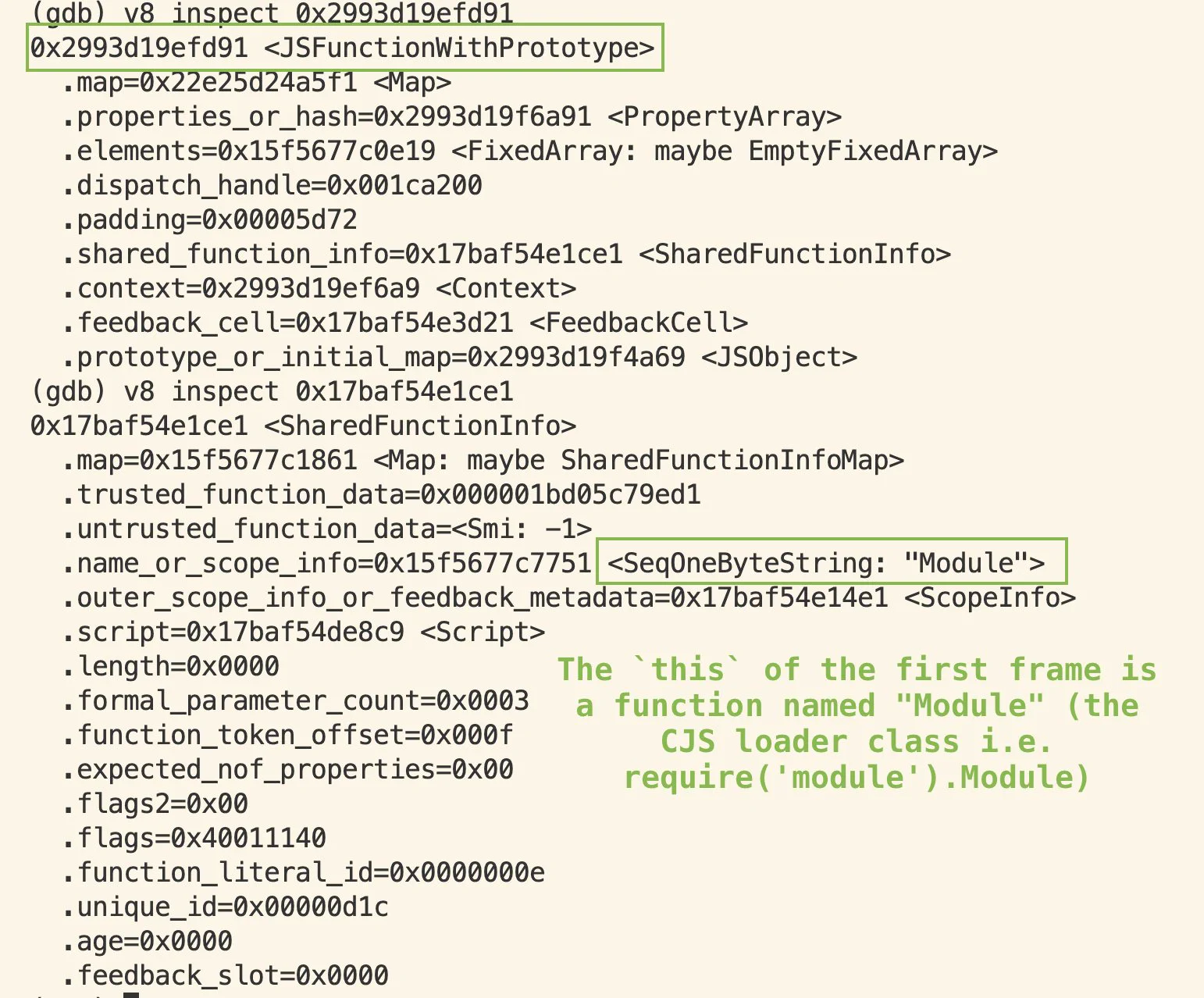 In the plugin's `v8 inspect` command, it shows the this argument of the first frame is a function named "Module" (the CJS loader class i.e. require('module').Module)