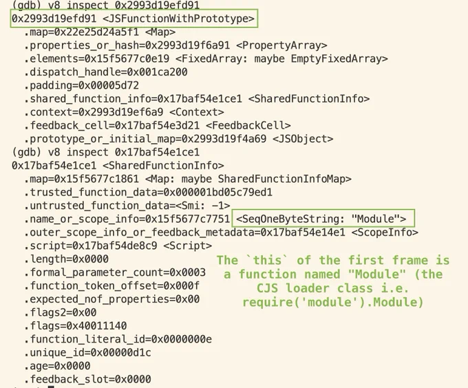 In the plugin's `v8 inspect` command, it shows the this argument of the first frame is a function named "Module" (the CJS loader class i.e. require('module').Module)