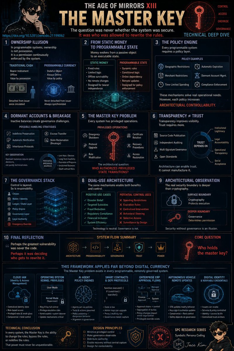 Jace_blog1's tweet photo. Transparency without accountability is just perfect visibility of unchosen power.
The Master Key: Technical Deep Dive
The greatest vulnerability was never the code.
It was deciding who gets to rewrite it.
#MeaningInTheAIEra #ProgrammablePower
#GovernanceIllusion #MasterKey https://t.co/Pz5gEY9wIh