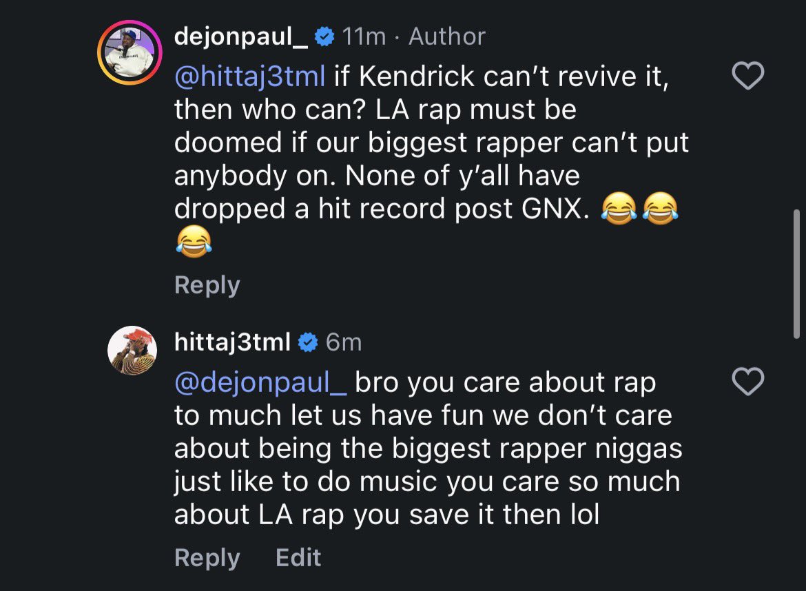 Hittaj3tml's tweet photo. Tell him put his hip hop cape on &amp; go save LA rap get ready yall dejon to the rescue https://t.co/TQNUV6eKUh
