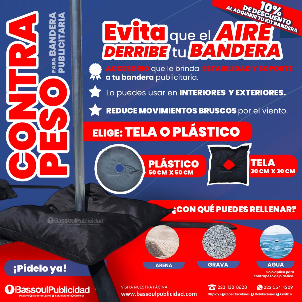 BassoulP's tweet photo. ¿Quieres evitar que el aire derribe tu bandera publicitaría? 📷📷
EL CONTRAPESO como accesorio opcional de tu kit bandera ¡es la mejor opción! 📷
Te brindará ESTABILIDAD Y SOPORTE📷
Puedes elegir contrapeso de tela o plástico.
¡Pídelo ya!
Envíos a toda la República Mexicana📷 https://t.co/lIZ1cUHKXz