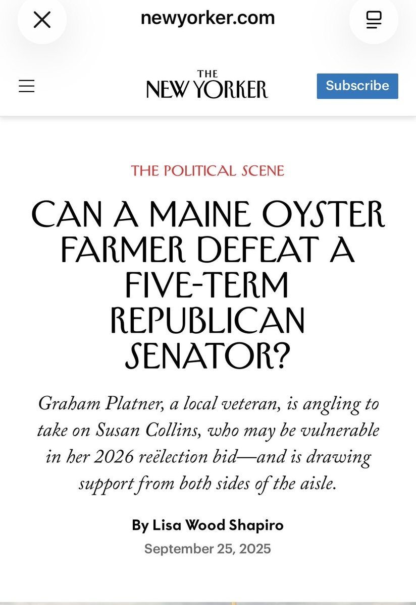 davidzweig's tweet photo. The New Yorker ostensibly has the best fact-checking dept in all of journalism. Is it technically correct that Platner is an oyster farmer? Sure, OK. But to describe him as such when the business makes $5k and its primary customer is his mom is obviously incredibly misleading.

When the media is in the tank for someone or some issue all scruples and professionalism go out the window.