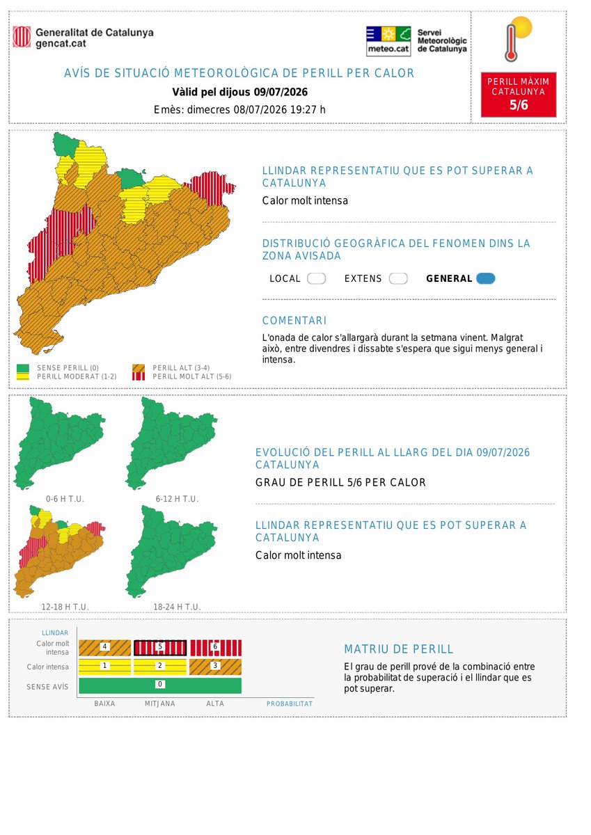 meteocat's tweet photo. ⚠️ El Servei Meteorològic de Catalunya actualitza l'avís de situació meteorològica de perill (#avisosSMP) per calor⚠️

🗓️ Dj. 14:00 h - Dv. 20:00 h. 
➡️ Grau de perill màx. 🔴 5/6

Hora local (h) = TU+2
L'episodi s'allargarà durant la setmana vinent https://t.co/IK5NVdhdEH