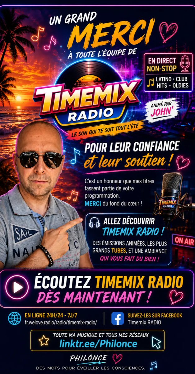 Philonce_Off's tweet photo. 🙏 Merci @TimemixRadio ❤️
Très honoré de rejoindre votre programmation !
Découvrez cette excellente webradio 👇
https://t.co/czqxv1iCWA
🌍 Tous mes liens :
https://t.co/6xPwPHUt3f
#TimemixRadio #Webradio #Music #NowPlaying https://t.co/dRvleaqp3r