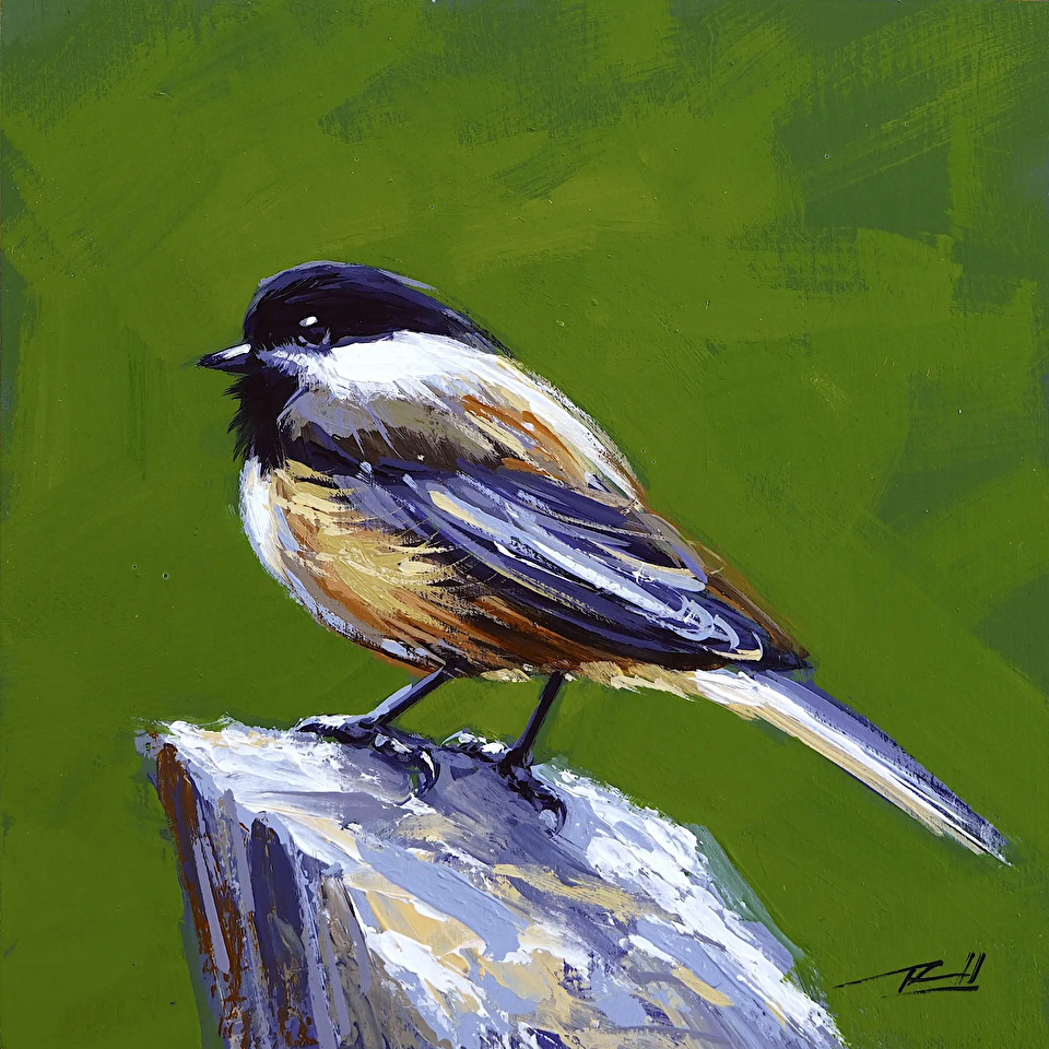 LovettsGallery's tweet photo. Just a cute little chickadee saying hello! 
"Bird 120" by artist Richell Castellon 
Acrylic on Canvas
6" W x 6" H
https://t.co/uTXGVzlRMk https://t.co/nU589Ksm6u