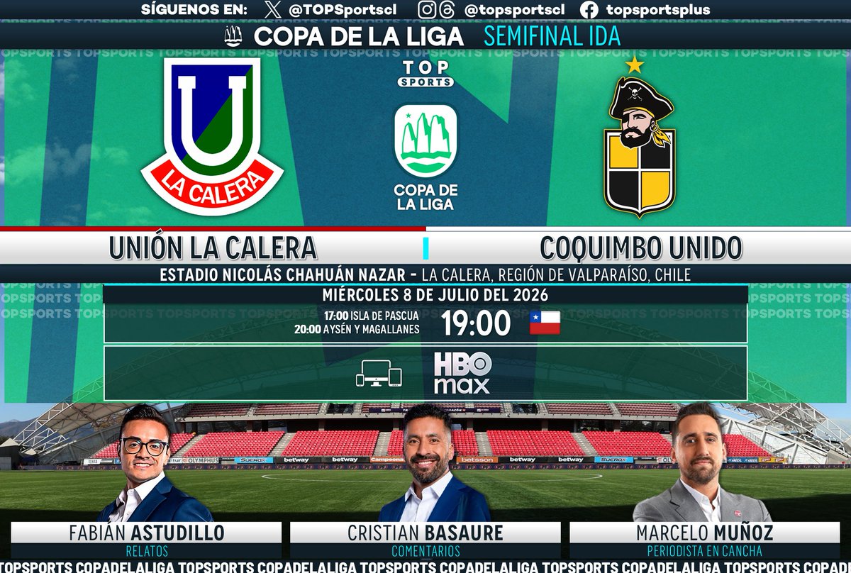 TOPSportscl's tweet photo. #CopaDeLaLiga 🏆🇨🇱 Semifinal ida
#UniónLaCalera - #CoquimboUnido

🎙️ Relatos: @fabi_relator
🗣️ Comentarios: @Basaure360 
🏟️ Cancha: @Marcelo_MunozP 

#⃣ #MatchdayMiércoles - #CopaDeLaLiga2026
📱💻 @StreamMaxLA 🇨🇱
🔃❤️ https://t.co/NcMftvqIfZ