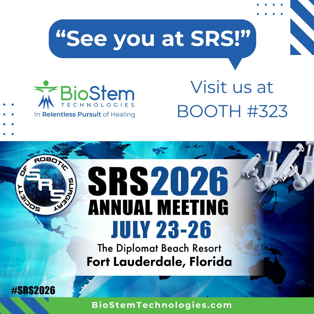 BSEM_Tech's tweet photo. We'll be exhibiting at the Society of Robotic Surgery (SRS) 2026 Annual Meeting, where the world's leading robotic surgeons, innovators, and healthcare professionals come together to shape the future of surgery.
#SRS2026 #RoboticSurgery #BioStem #Clarix #Neox #Vendaje $BSEM https://t.co/5aII9L4kQE