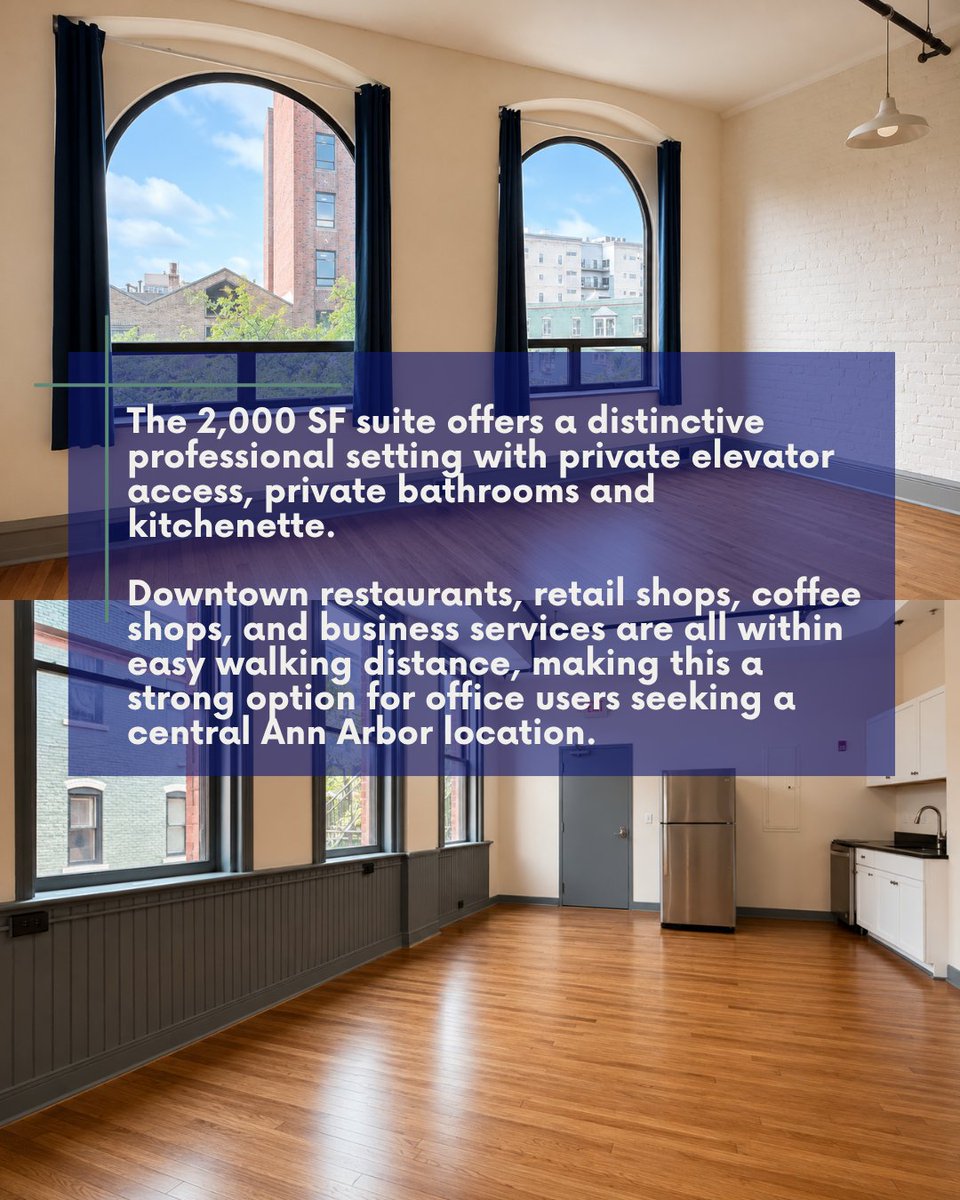 SwiComm's tweet photo. For lease in the heart of downtown Ann Arbor, this stunning 2,000 SF 2nd floor office blends historic character with modern convenience. Featuring exposed brick, soaring ceilings, hardwood floors, private elevator access, and kitchenette this is an office designed to impress. https://t.co/cbtlFGxMp7