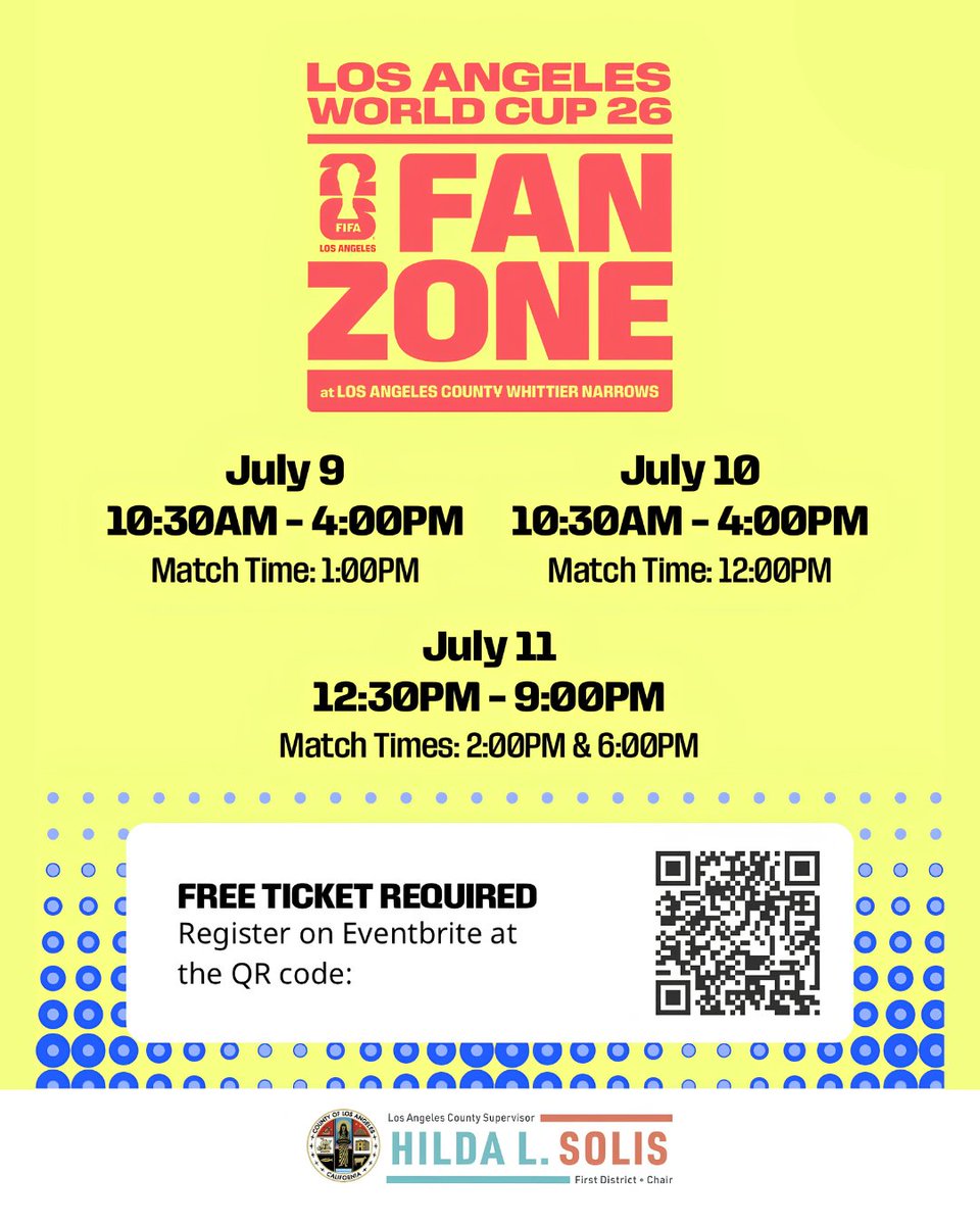 EconOppLA's tweet photo. ⚽ The World Cup excitement is heading to the San Gabriel Valley! Join us July 9–11 at LA County Whittier Narrows for the FREE official Los Angeles World Cup 26™ Fan Zone.

🎟 Register by scanning the QR code or through the Eventbrite link in Supervisor Hilda L. Solis' bio. https://t.co/8yoIOtO5yS