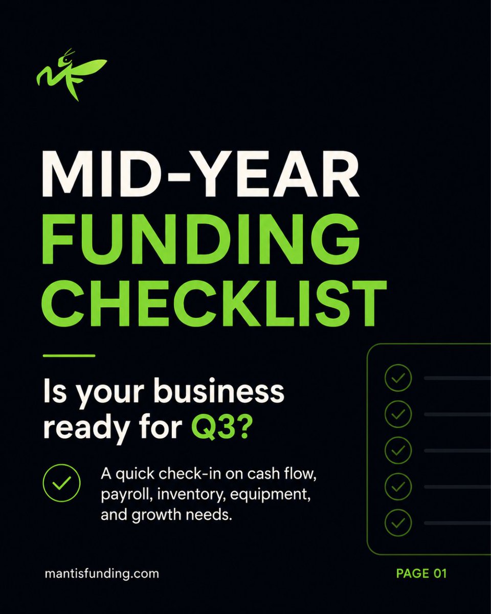 MantisFunding's tweet photo. Q3 check-in: Is your business ready for what's next? 👀 
Review cash flow, payroll, inventory, equipment, and growth goals now. 
📌 Save this checklist for your next planning session. 
#MantisFunding #BusinessFunding #SmallBusinessTips https://t.co/f6zdQ78094