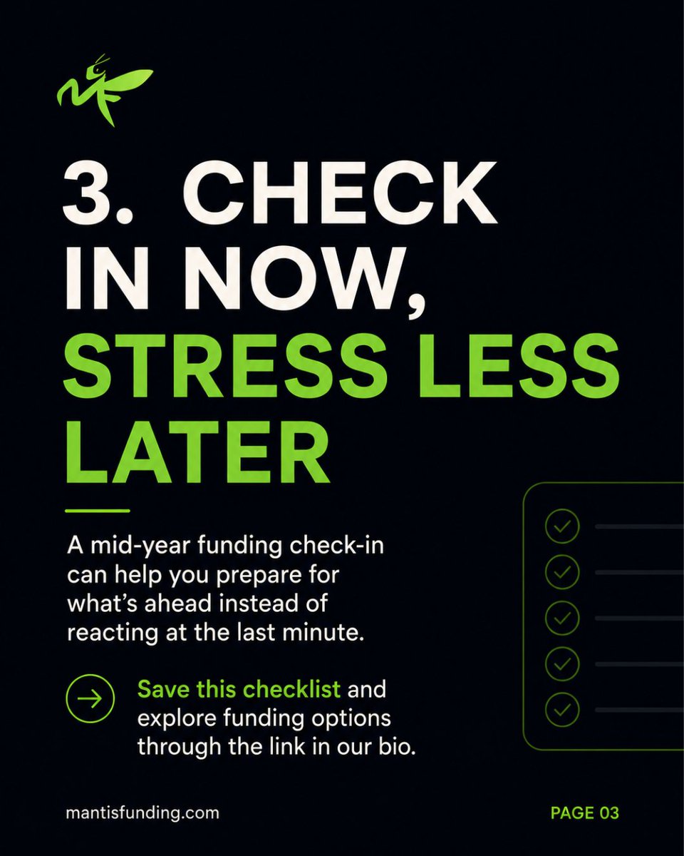 MantisFunding's tweet photo. Q3 check-in: Is your business ready for what's next? 👀 
Review cash flow, payroll, inventory, equipment, and growth goals now. 
📌 Save this checklist for your next planning session. 
#MantisFunding #BusinessFunding #SmallBusinessTips https://t.co/f6zdQ78094