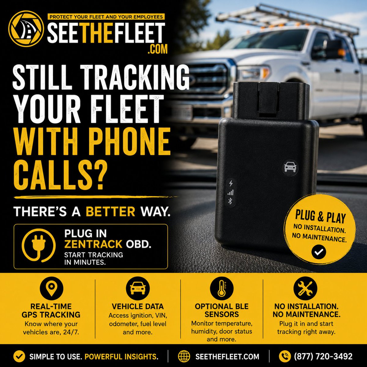seethefleet's tweet photo. Still tracking your fleet with phone calls?

There's a better way.

Plug in the ZenTRACK OBD and start tracking in minutes.

📍 Real-time GPS | 🚗 Vehicle Data | 🔌 Plug &amp; Play
📞 (877) 720-3492
🌐 https://t.co/wjaIQG0Ajn

#FleetTracking #SeeTheFleet https://t.co/l3WOz2Bmgq