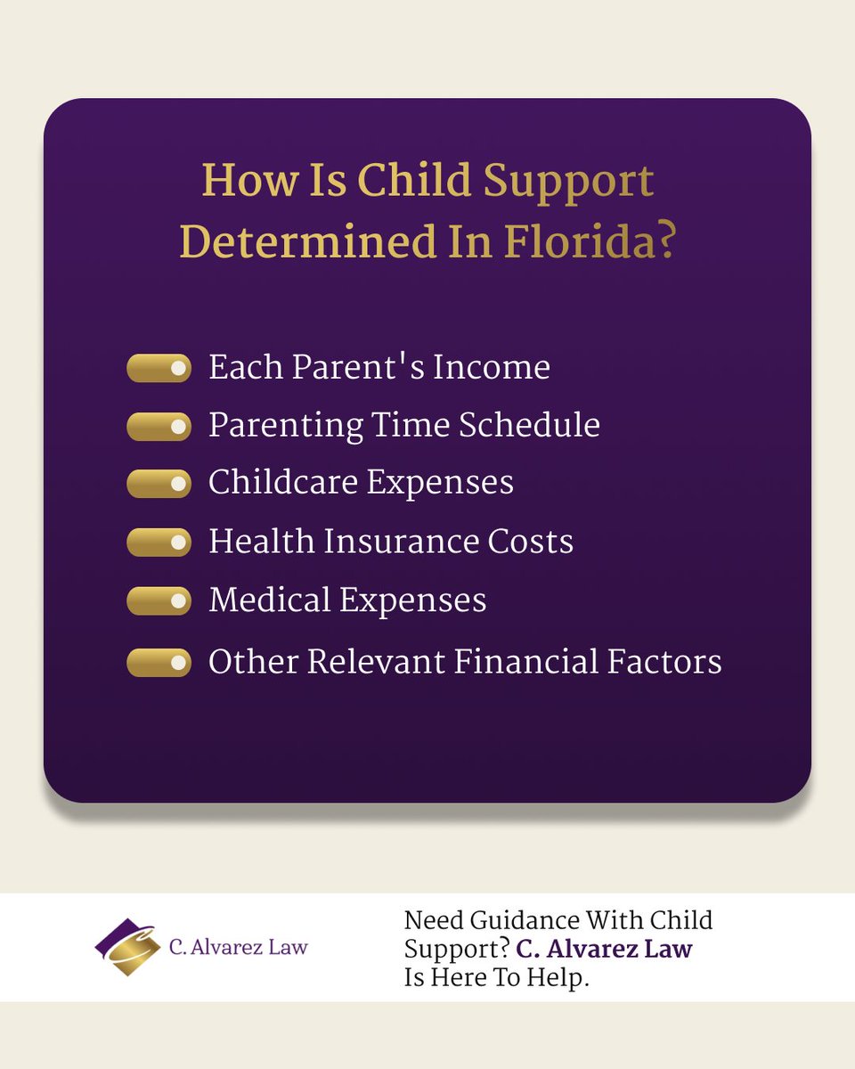 Calvarezlaw's tweet photo. Florida courts consider several factors when calculating child support, including income, healthcare expenses, childcare costs, and parenting time.

Understanding the basics can help parents navigate the process with greater confidence.

Learn more: https://t.co/MBKCh3u9IK https://t.co/uE4j9NSmVP