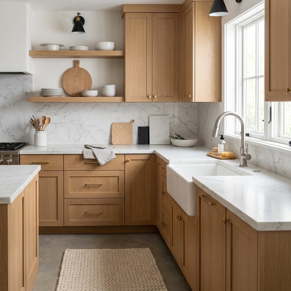 homedesignsai's tweet photo. Modern Scandinavian kitchen 🤩: warm oak cabinets, marble-look quartz, open shelves, woven pendants. #ModernScandi #KitchenInspo #ScandiKitchen #NeutralInteriors #DesignTips https://t.co/QwwxSOAFu9