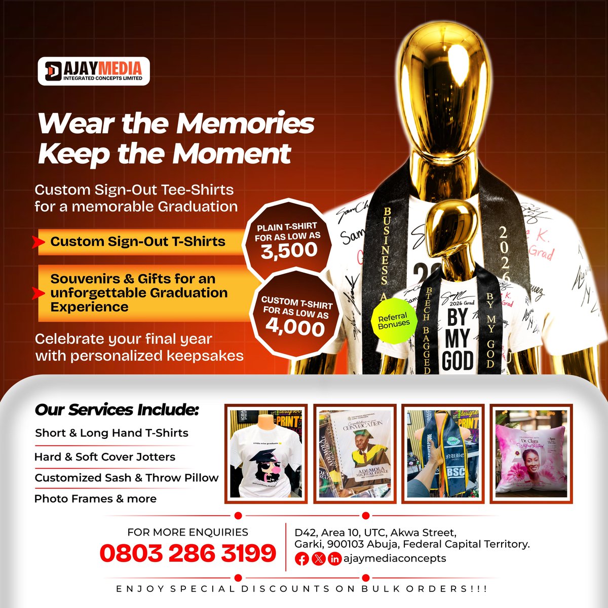 ajaymediang's tweet photo. Your final year deserves more than average
Sign out in style. Wear the memory. 

Turn your graduation into something you’ll never forget with premium custom sign-out tees, sashes, souvenirs, photo frames, jotters, and more.

👕 Plain tees from ₦4,000
🎨 Custom tees from ₦5,000 https://t.co/AzEHFHe1yB