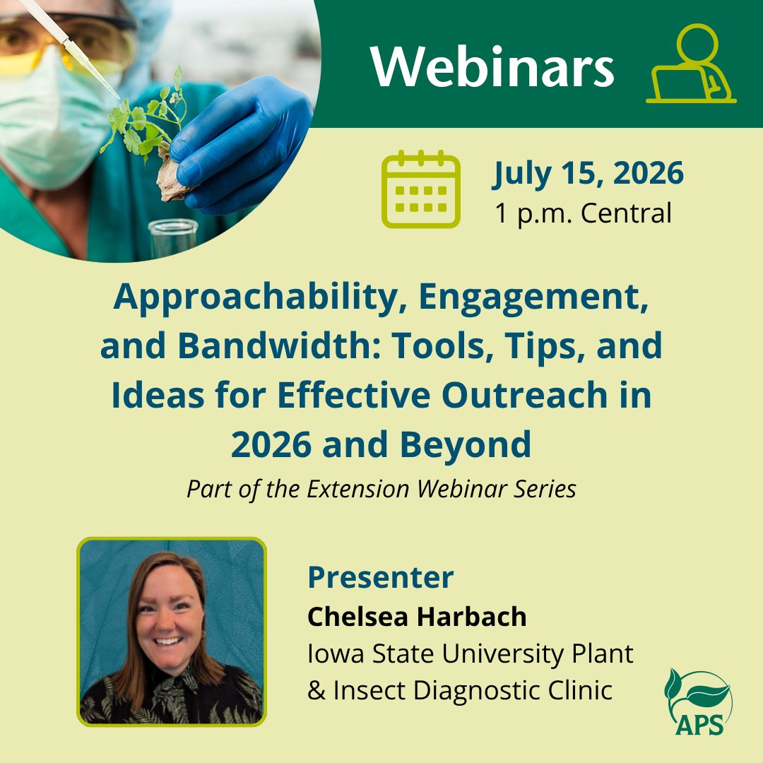 plantdisease's tweet photo. Dr. Chelsea Harbach has spent her career making plant science outreach more human. She's bringing those lessons to the APS Extension Webinar on July 15. Free for members. Register now: https://t.co/b3DuKiGSa7
#APSwebinar #Extension #planthealth #outreach https://t.co/98haHjtoul