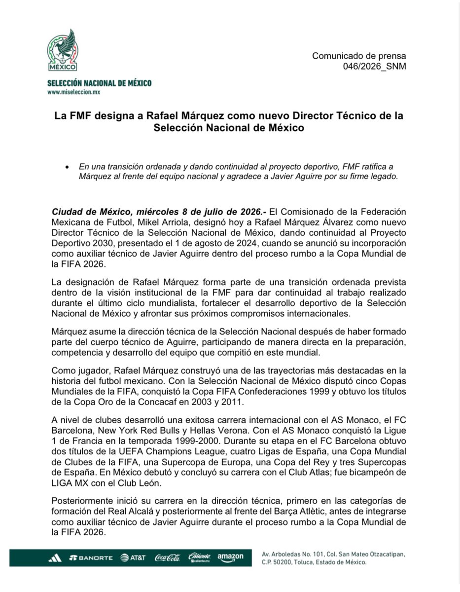miseleccionmx's tweet photo. La FMF designa a Rafael Márquez como nuevo Director Técnico de la Selección Nacional de México. https://t.co/saIlfrQzHp