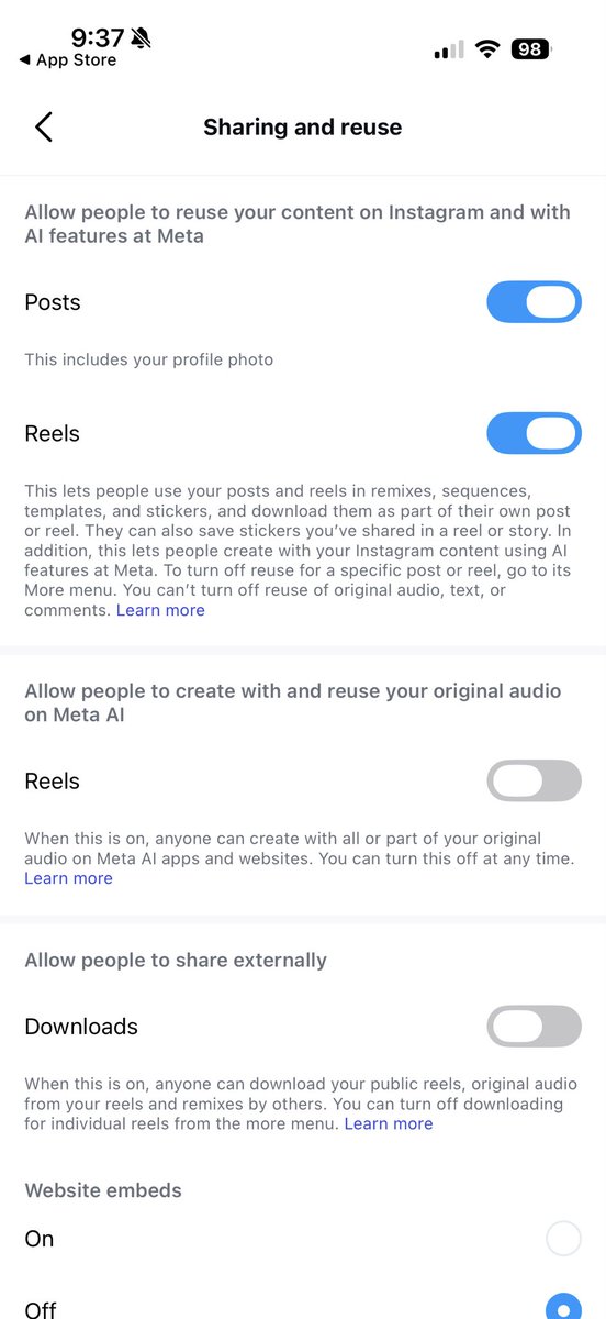 ashleymayer's tweet photo. This is incredibly uncool. If your Instagram is public, Meta is granting people the right to reuse your content with AI features *by default.* https://t.co/eTuG5ikDs5