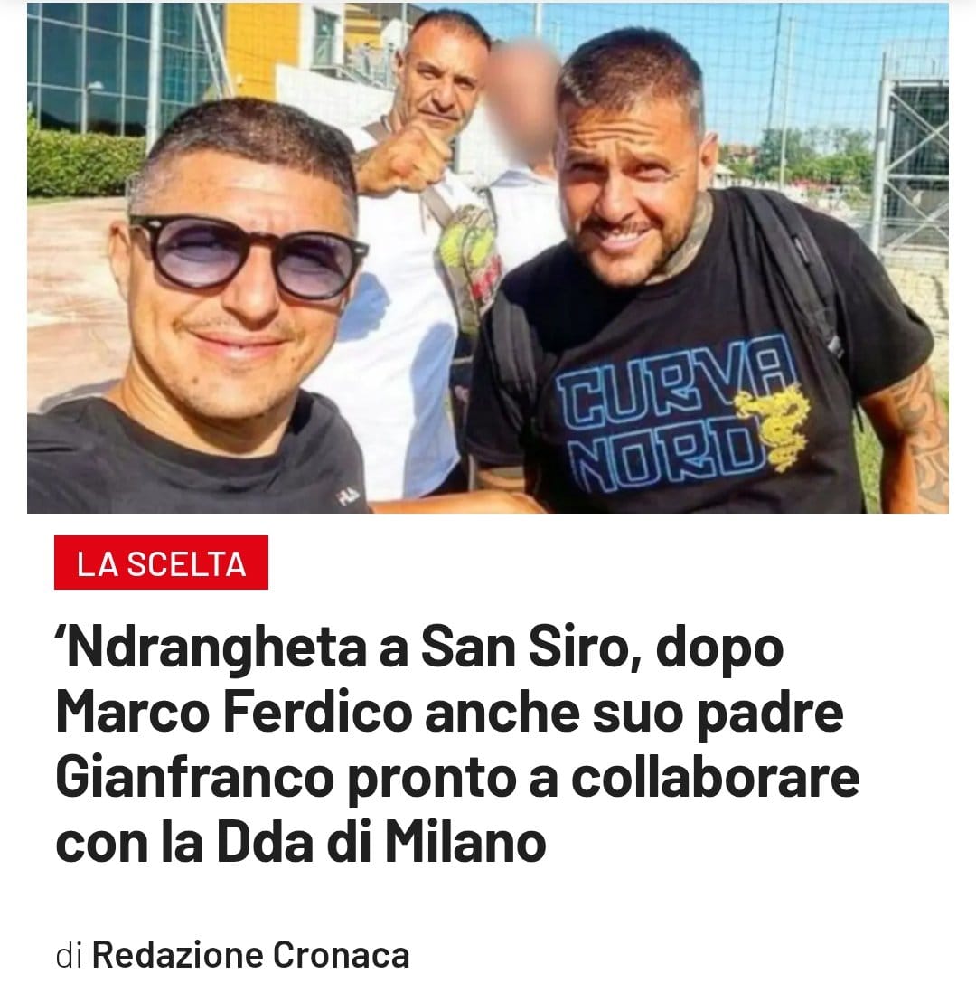 Fabio_Wallys's tweet photo. "Ma va figurati se si pentono quelli della #CN69" dicevano.
Dopo Beretta (che ha ucciso Bellocco e pianificato l'omicidio di Boiocchi), e Ferdico (quello che riceveva i trofei dall'Inter in curva) ora si pente anche suo padre: Gianfranco Ferdico.
La figlia di Ferdico e sorella di Marco lavorava all'#Inter (settore Ospitality).