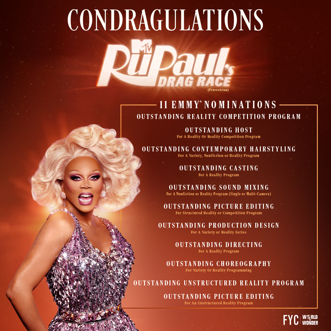 RuPaulsDragRace's tweet photo. 11s across the board for #DragRace and #Untucked! 🌟 Condragulations to our Season 18 family for snatching ELEVEN #Emmy nominations! 💋🏆 #DragRaceFYC https://t.co/gi0DbvoyxW