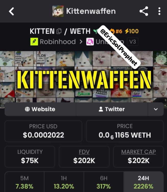 EricSolProphet's tweet photo. Called $KITTEN in my TG at just $6.9K MC — we rode it all the way to $202K 🚀 Early entries = real profits. That’s the difference.
Only members get these calls first 🔥 Click Follow and DM me to join TG + Discord.
Ca: 0xc1678982E37A9656EF569a92503a3515DcD3edCF
#Crypto #Gems https://t.co/cnArEGh1ng