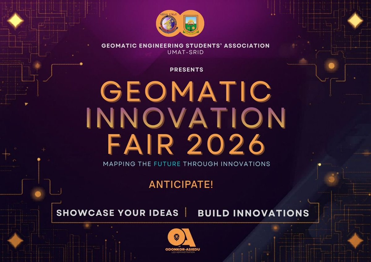 gesa_srid's tweet photo. The Geomatic Innovation Fair 2026 will showcase student-led innovations, practical solutions, and emerging technologies shaping the future of Geomatic Engineering. 🌍🚀

📢 Registration ongoing. Stay tuned!

https://t.co/KU4bEcfqNl

 #GIS #Surveying #StudentInnovation #UMaT https://t.co/amaHg0qMHq