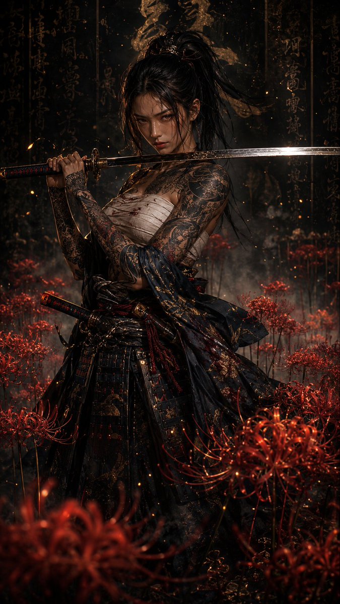 sophiasworld_17's tweet photo. Among crimson spider lilies and drifting embers, she waits in perfect silence. ๐คโ๏ธ Tattoos like stories of war, two blades, and a gaze that promises only one thing: the next strike will land. ๐ฅ๐บ
#SamuraiWoman #DarkSamurai #RedSpiderLilies #Katana https://t.co/Ic5Yyp9MeB