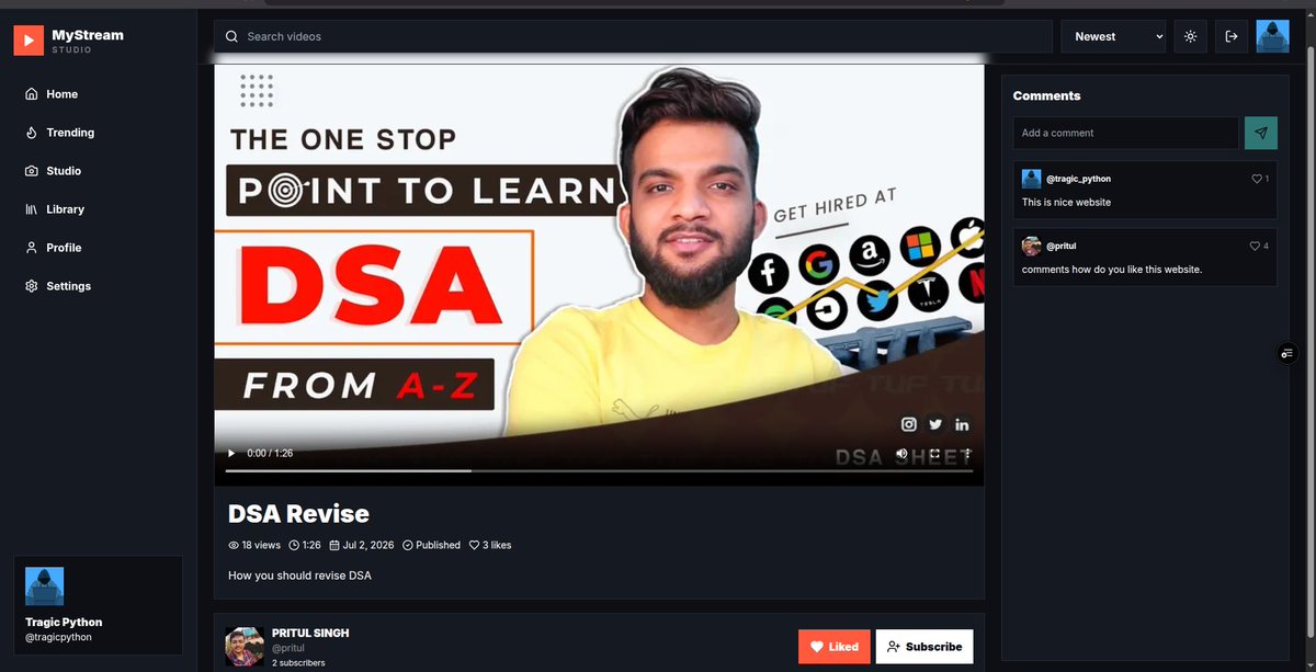 PRITUL__SINGH's tweet photo. After weeks of building, I'm excited to share :
MyStream🎉
A full-stack YouTube-like platform where users can:
🎥 Upload videos
💬 Comment &amp; like
📋 Create playlists
🔔 Subscribe to creators
📊 View creator dashboard

Try it out 👇
https://t.co/WzdFp1ujXa

pls share your view. https://t.co/MpNdS8nG44