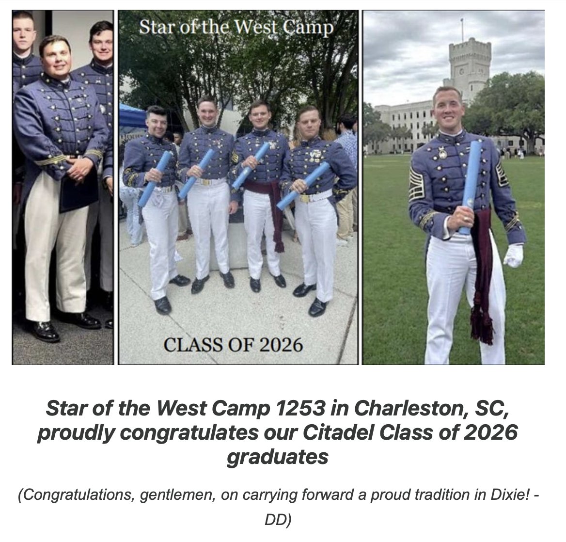 WanjiruNjoya's tweet photo. People say the South is losing the interest of her young men, but this says "We are the one and only active collegiate camp in the SCV. We are active and growing, and encourage all young men who are attending the Citadel to join while here!"

Many congratulations to them all 🥂 https://t.co/mBELzz0TEd