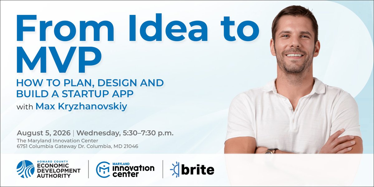 MDinnovates's tweet photo. Join us on August 5 for a hands-on session with Max Kryzhanovskiy, CEO of MOS Creative, and learn how to plan, design, and build an MVP the right way. Instead of spending months and budget on features nobody asked for, you'll learn how to create a product that validates your idea first.

In this practical, two-hour hybrid workshop, you'll learn:
✅ How to scope an MVP around your riskiest assumption
✅ How to make UX/UI decisions without a full design team
✅ AI-assisted workflows that can reduce development time and cost
✅ Tips, tools, resources, and a live Q&A with Max

Whether you join us in person or virtually, you'll leave with a practical framework for your next build.

📅 August 5, 2026 | 5:30-7:30 PM ET
📍 Attend in person or join virtually
💵 Virtual from $15 | In person from $35 (early bird)

Register Today: https://t.co/FHWPagJ6sC

#Startup #Entrepreneurship #MVP #ProductDevelopment #ProductDesign #UXDesign #UIDesign