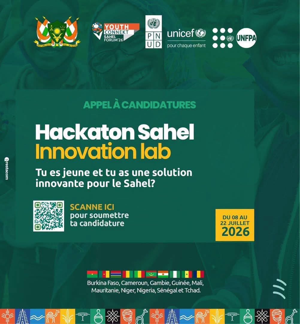 unfpaniger's tweet photo. Tu as entre 16 et 35 ans et une solution innovante pour relever les défis du Sahel ?

Participe au #Hackathon #SahelInnovationLab, en prélude au #YouthConnektSahelNiger2026 !

🗓️ Candidatures ouvertes jusqu’au 22 juillet 2026.
🔗 https://t.co/iM8tpodTc6 https://t.co/v2fAHluGF3