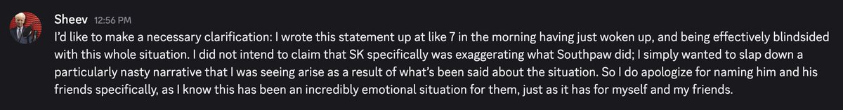 SergeiKravin0ff's tweet photo. I'd like to share this clarification to people:

I had a productive conversation with Sheev. Sheev has retracted what he said on his server and apologized for misrepresenting me and my friends on the matter. His draft here is meant to be sent on his server as a clarification. https://t.co/bIpFCkj0ko