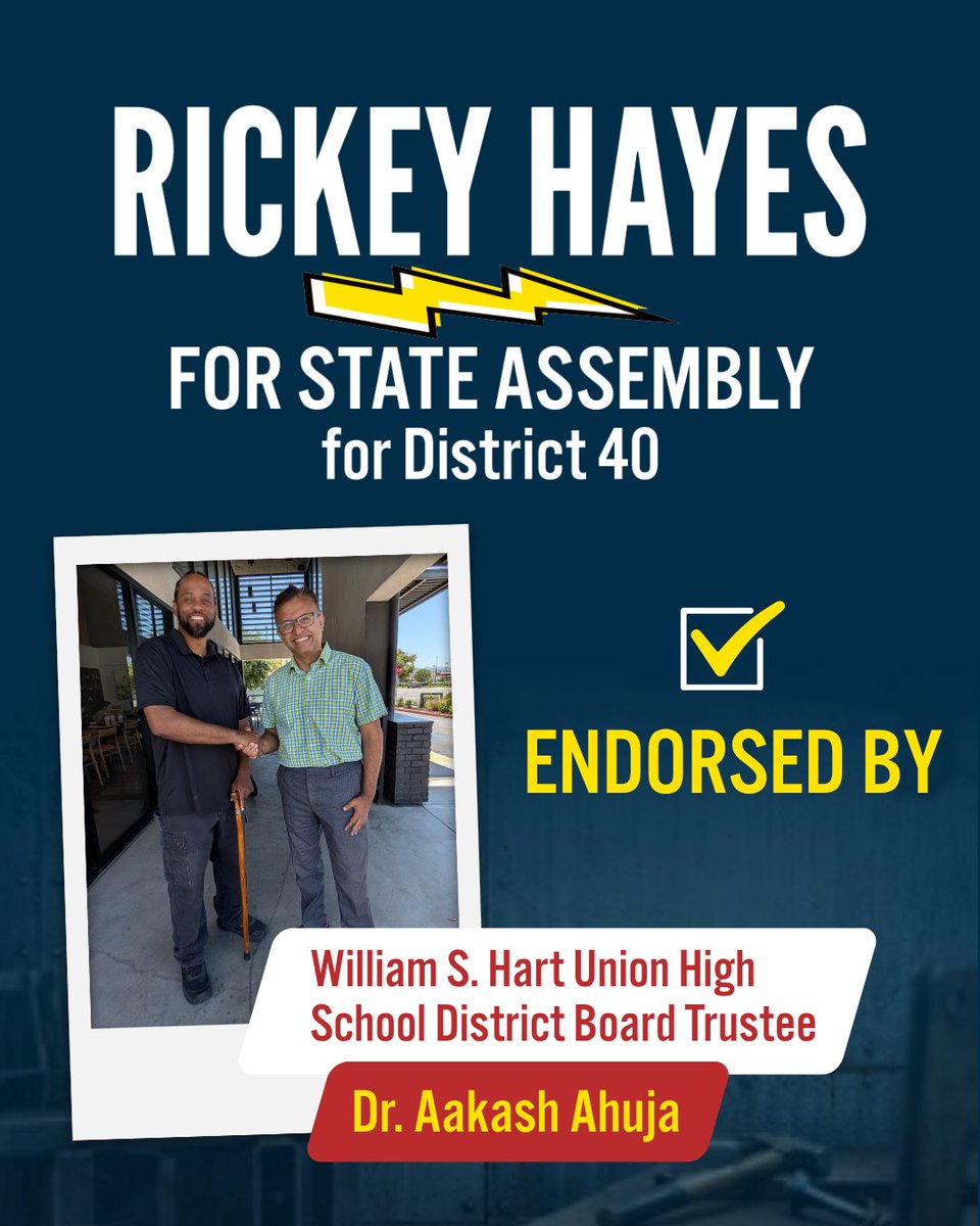 Rickey4Assembly's tweet photo. I am proud to be endorsed by two local education leaders, Dr. Aakash Ahuja and Charles Hughes! Together, we can bring common sense back to our schools, improve academic performance, and ensure parents have a stronger voice in their children’s education. #AD40 https://t.co/um1ZsAUI91