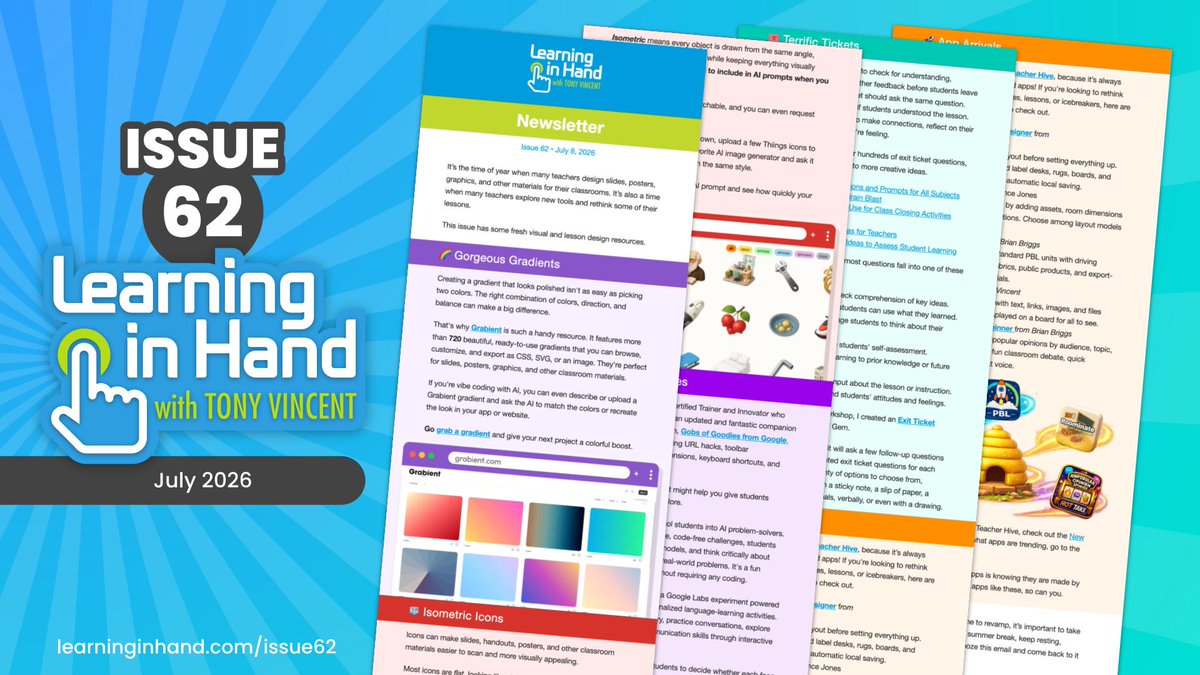 tonyvincent's tweet photo. Issue 62 has free tools to revamp your teaching materials and routines.

https://t.co/inJjpYfxtb

🎨 Beautiful gradients
📐 Free 3D isometric icons
💻 Google goodies
🎟️ Exit ticket questions
🍯 New web apps for teachers
🏫 Classroom layout design tools https://t.co/s9o2Llv0c4