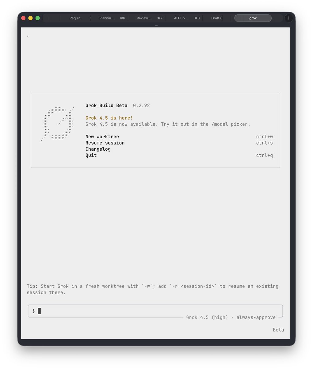 XFreeze's tweet photo. Grok 4.5 is now officially available in Grok Build......try it now https://t.co/KqX1gGtvAa