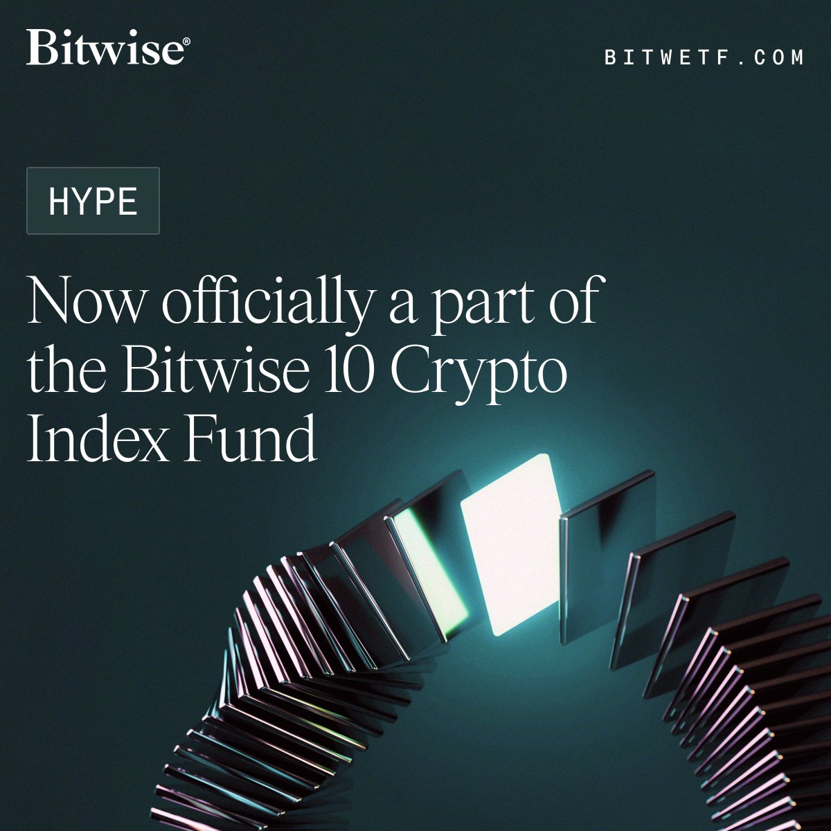 Bitwise's tweet photo. Just in: $HYPE is now officially part of the world’s largest crypto index fund: $BITW -  The Bitwise 10 Crypto Index ETF.

Hyperliquid’s rise has been meteoric. In the first half of 2026 alone:

- $1.34T in trading volume
- $320M in revenue
- HYPE up 165% YTD, currently 9th-largest crypto asset by market cap

And now in the Bitwise 10! 

Congrats to the Hyperliquid community on yet another huge milestone.
