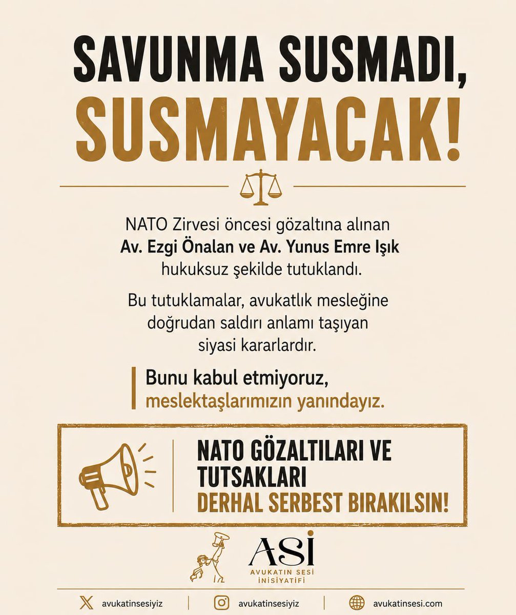 Asiavukatlarx's tweet photo. Savunma susmadı, susmayacak! 

NATO Zirvesi öncesi gözaltına alınan Av. Ezgi Önalan ve Av. Yunus Emre Işık hukuksuz şekilde tutuklandı. Bu tutuklamalar, avukatlık mesleğine doğrudan saldırı anlamı taşıyan siyasi kararlardır. Bunu kabul etmiyoruz, meslektaşlarımızın yanındayız.

Nato gözaltıları ve tutsakları derhal serbest bırakılsın!
