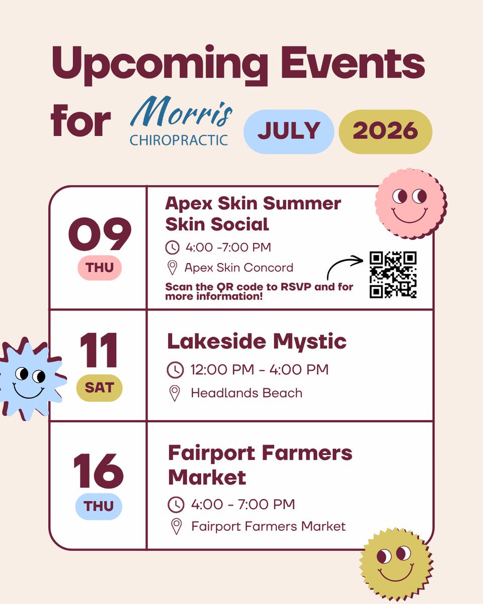 MorrisWellness1's tweet photo. Mark your calendars because Morris Chiropractic is hitting the road this month with exciting local events—and we'd love to see you there! 🎉

Tomorrow is our first stop!
Join us at the Summer Skin Social at Apex Skin Concord from 4:00–7:00 PM! https://t.co/qS4pSKeYpl