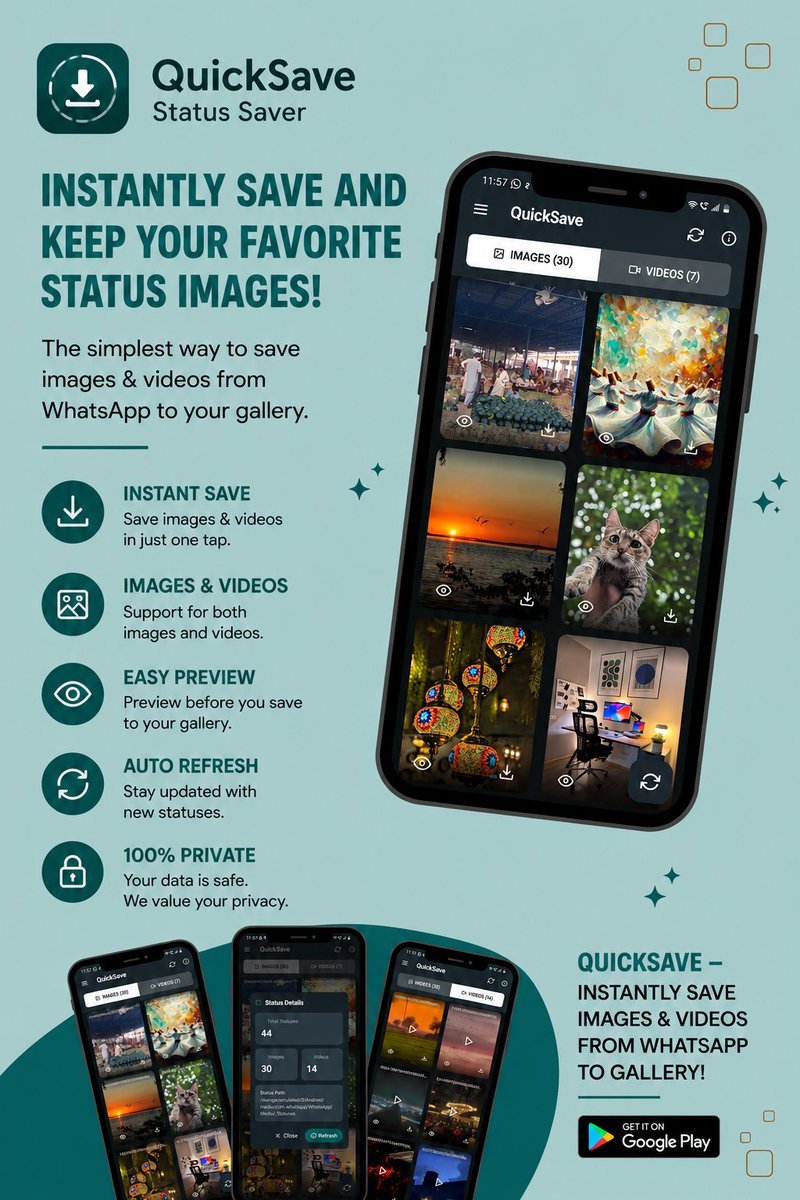 wasi_sindhi's tweet photo. Just launched QuickSave – Status Saver! 🚀
Save WhatsApp status photos & videos in one tap, preview before saving, and keep everything organized in a dedicated Saved tab. Fast, minimal, and privacy-friendly.
📲 https://t.co/lqmo5wTt7G
#Android #WhatsApp #Flutter #PlayStore https://t.co/lBsph2rawi
