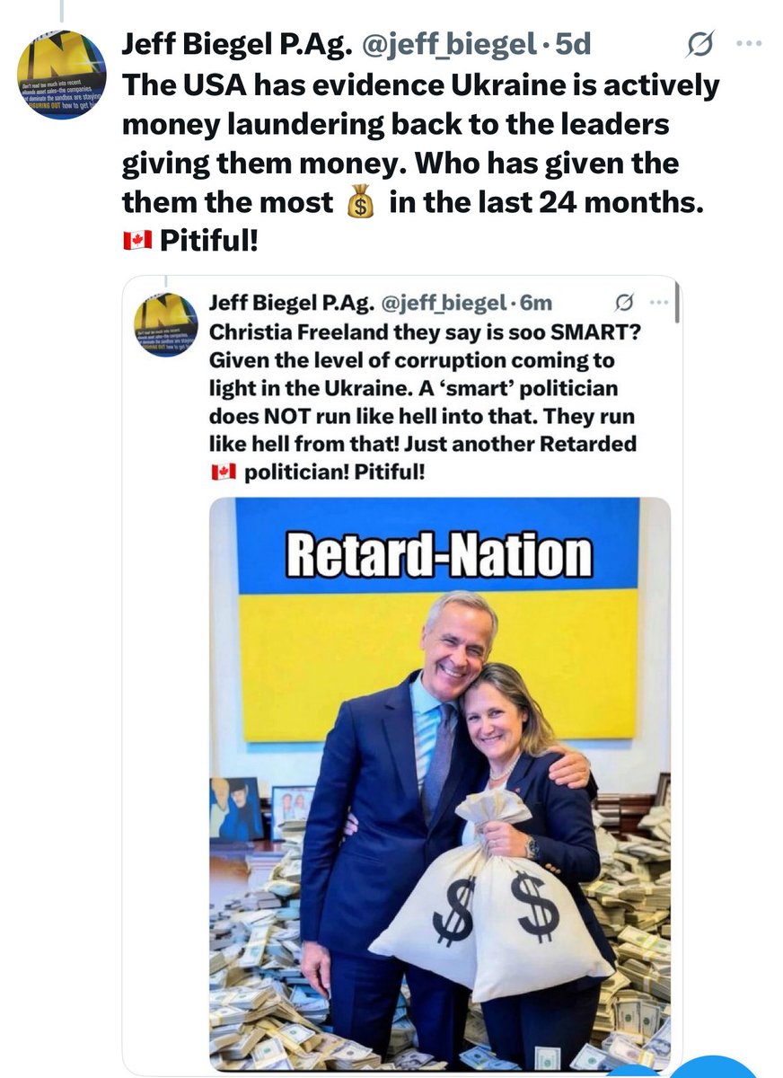 jeff_biegel's tweet photo. @McLeanChronicle So let’s get this straight . 🇨🇦 should break our country and starve our people for the betterment of 🇺🇦? They could have had a cease fire but someone does not want this to end?! 
🇨🇦 is truly a Retardation-Nation ✅💯. 
Pitiful! https://t.co/d8OF0r1jw5